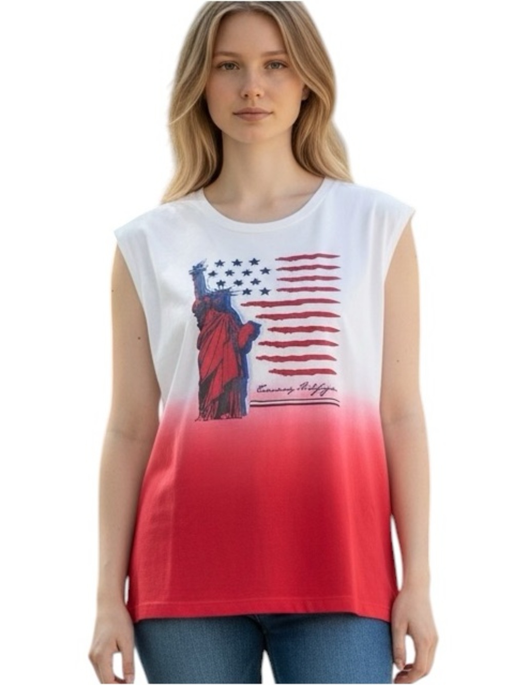 TOMMY HILFIGER SLEEVELESS AMERICANA Red Ombre Statue of Liberty Graphic Top L
